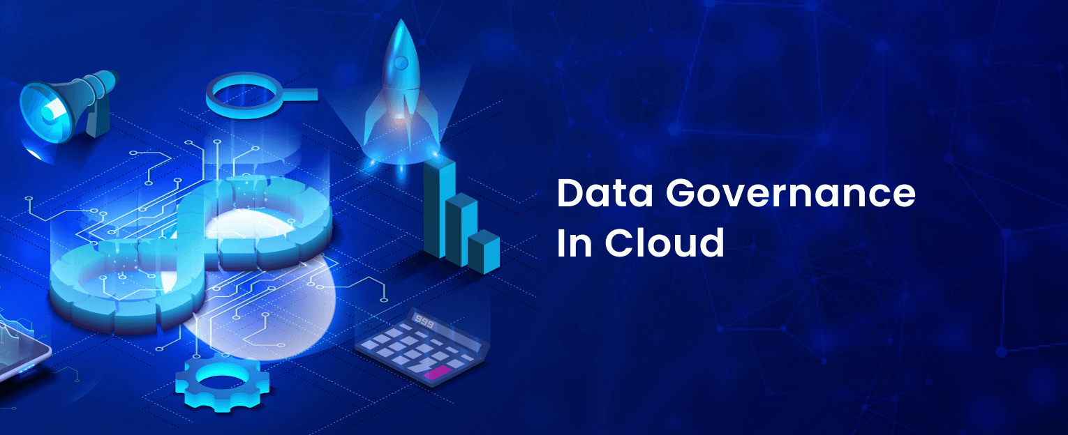  A rocket launching from a circuit board into space with the words 'Data Governance in Cloud' next to it.